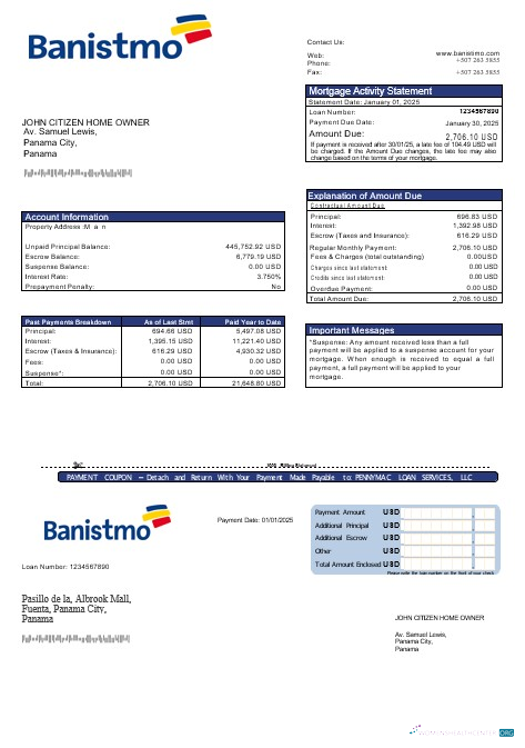 Download Panama Banistmo bank mortgage statement in Word and PDF formats Photoshop template
